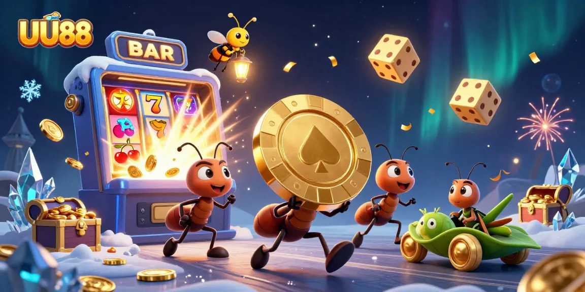 Experience thrilling action with UU88's 3D cartoon heist scene featuring playful ants and vibrant casino elements.