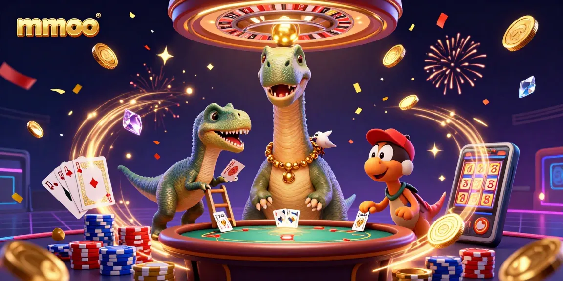 mmoo showcases a vibrant casino scene with a towering brontosaurus and raptor dealing cards.
