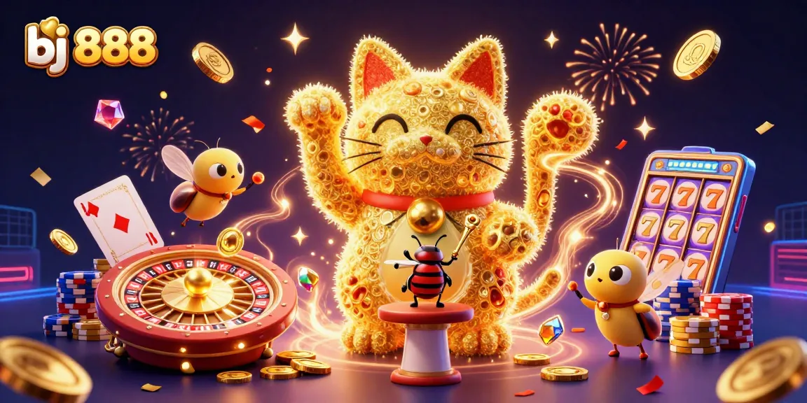 Experience the thrilling world of gambling with bj 888's vibrant lucky cat and dynamic casino symbols.