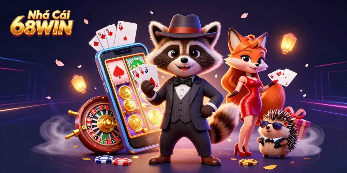 Experience the thrill at Nhà Cái 68WIN with a raccoon showcasing a royal flush and vibrant slot games.