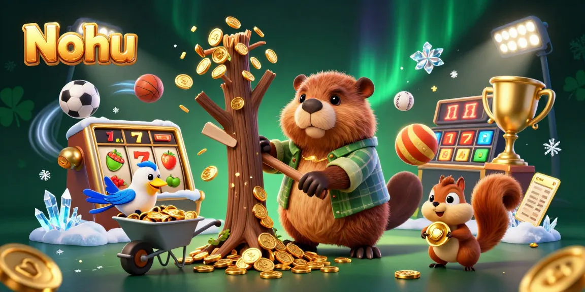 Nohu offers thrilling slot gameplay with golden coins raining down and vibrant casino elements surrounding a charming beaver character.