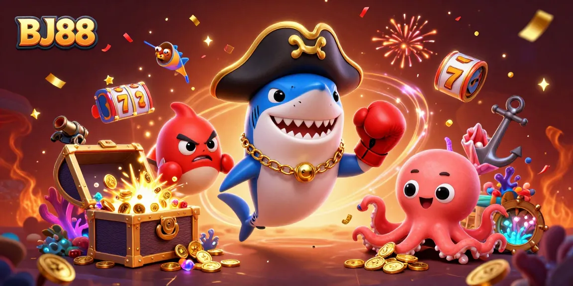 Join BJ88 to experience exciting underwater slots with a pirate shark, coins, and vibrant casino elements.