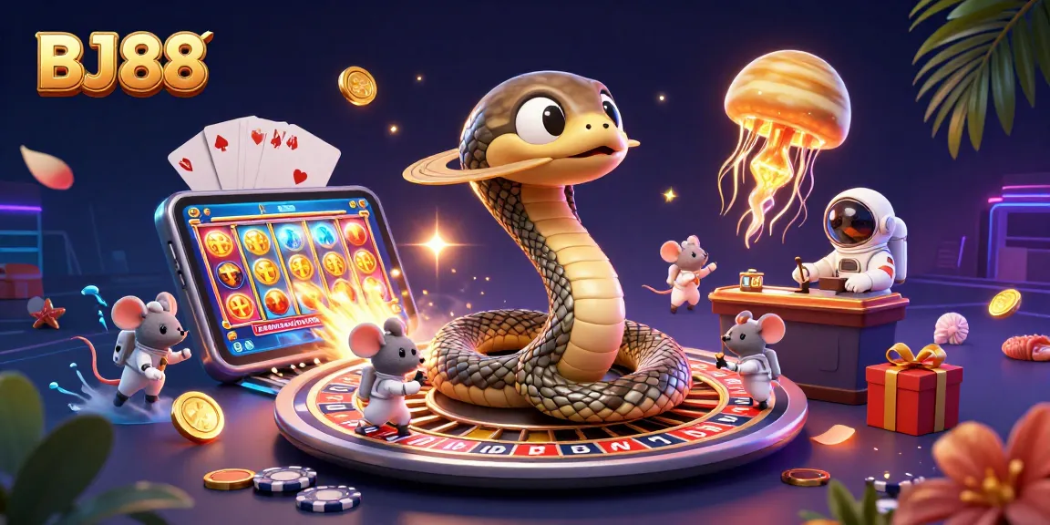 Bettors engage with BJ88 in a vibrant 3D casino scene, complete with colorful slot games and cosmic dealers.