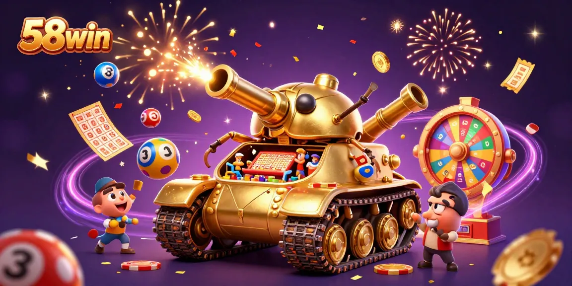 Experience the excitement of 58win with a vibrant display of casino-themed elements and dynamic action.
