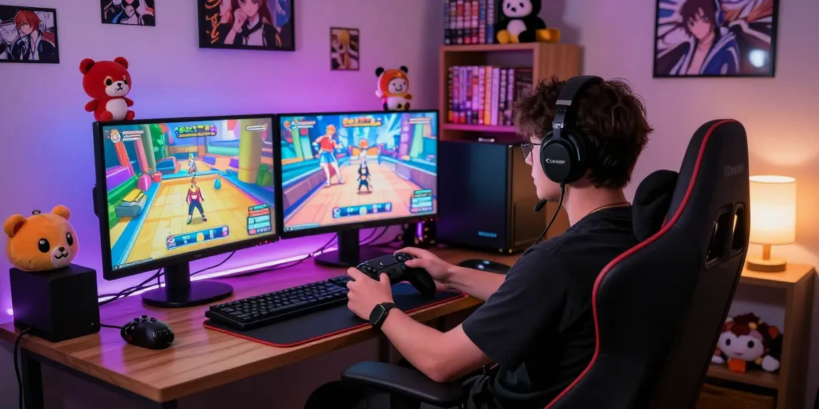 Engaged player enjoying online ecchi games in a vibrant gaming setup with dual monitors and themed décor.