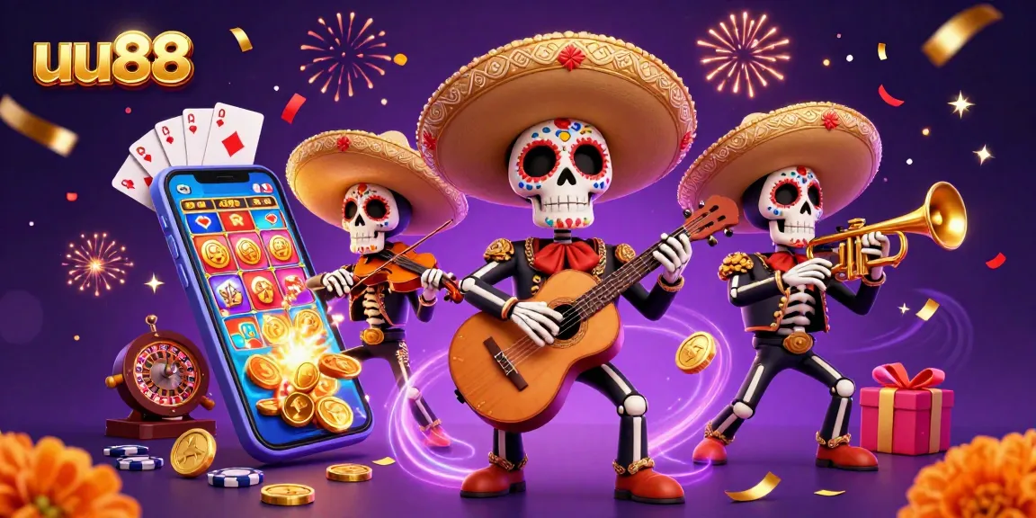 uu88 players engaging with vibrant casino-themed 3D illustration, featuring mariachi band and slot games