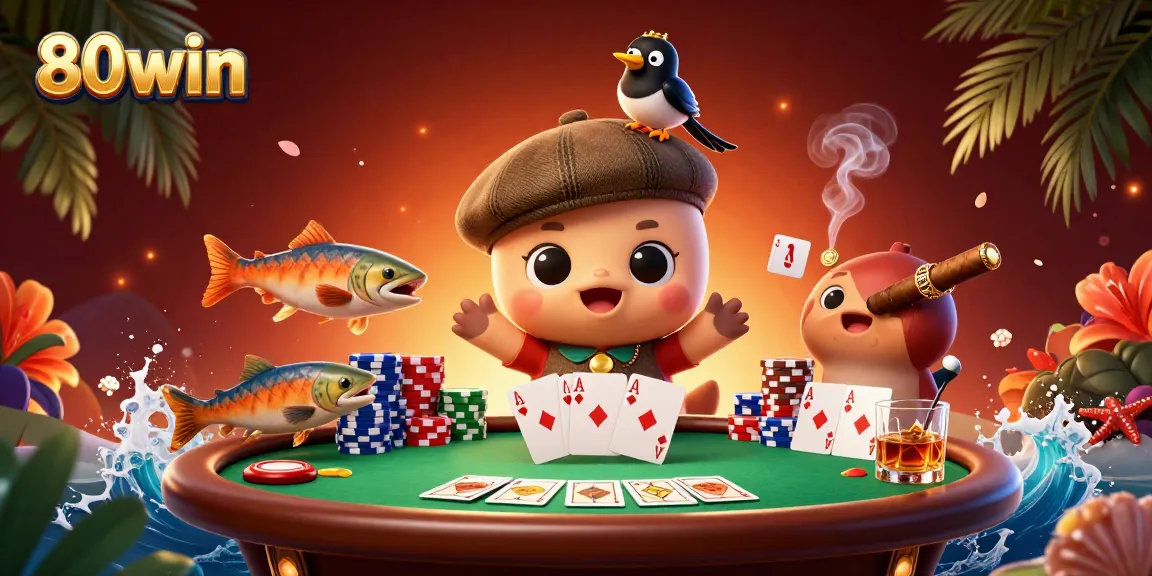 Win big with the fun-filled 80win cartoon scene featuring a playful Nessie and poker elements!