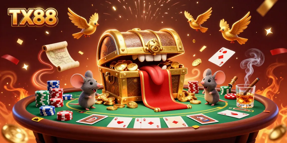 Engage with TX88's vibrant 3D casino world featuring golden treasures, poker excitement, and celebratory elements.