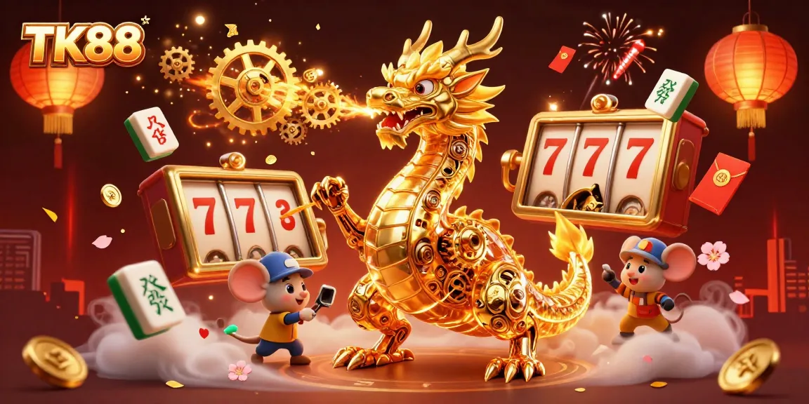 Experience fortune at TK88 with thrilling spinning slots and dynamic gaming elements in this vibrant illustration.