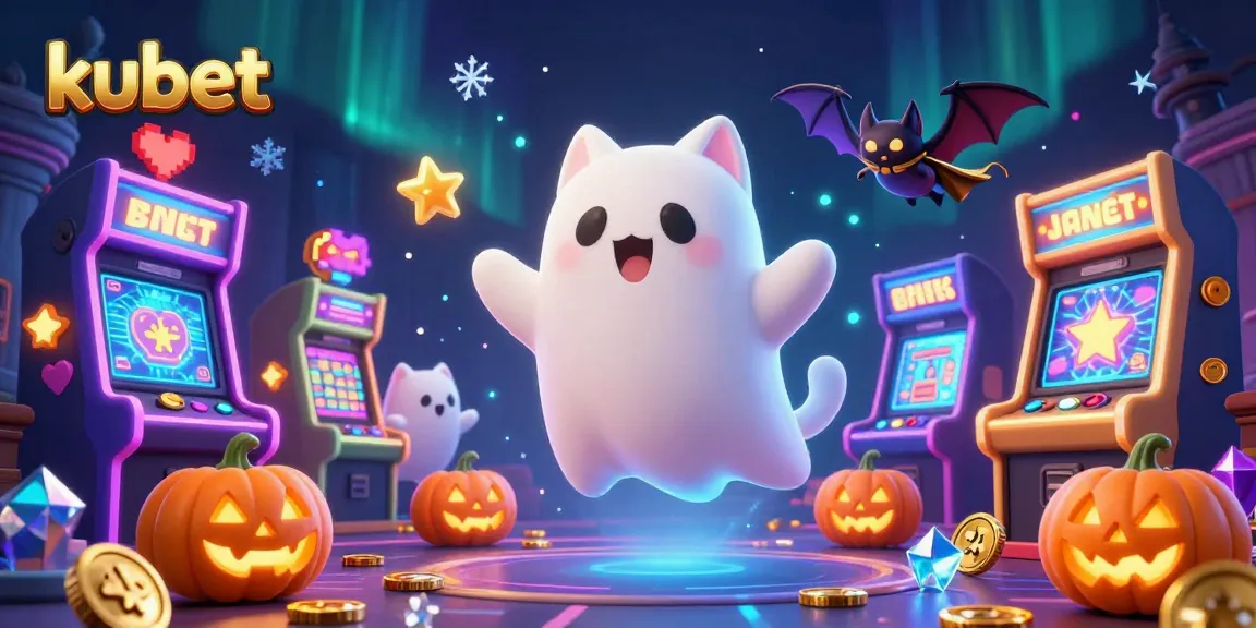 Play exciting games at kubet with a ghost cat and bat in a vibrant casino scene.