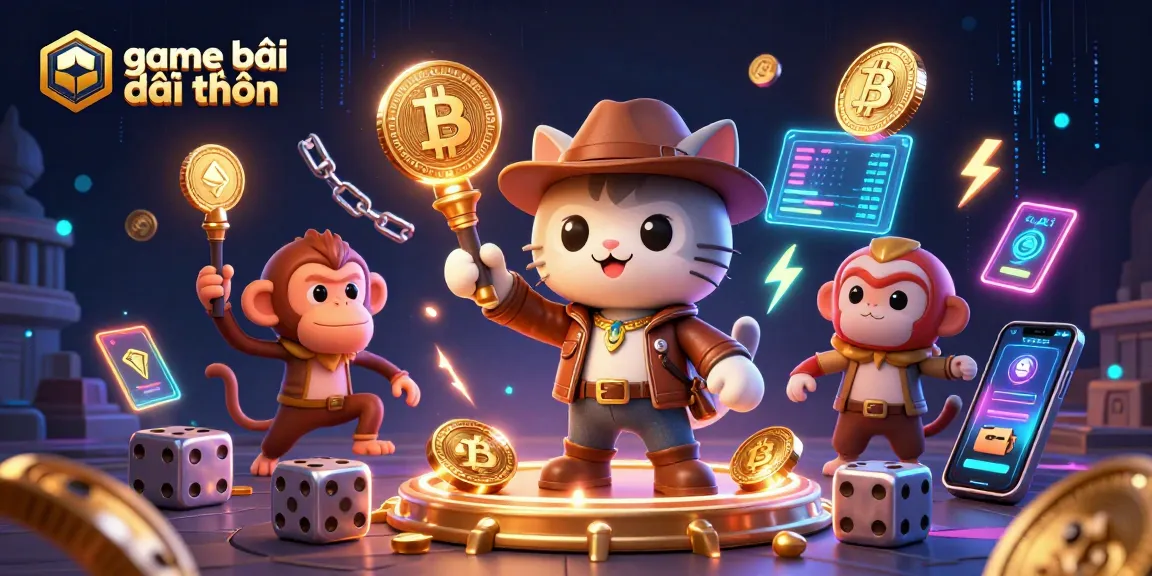A vibrant scene of game bài đổi thưởng with an adventurous cat and monkey among golden casino artifacts.