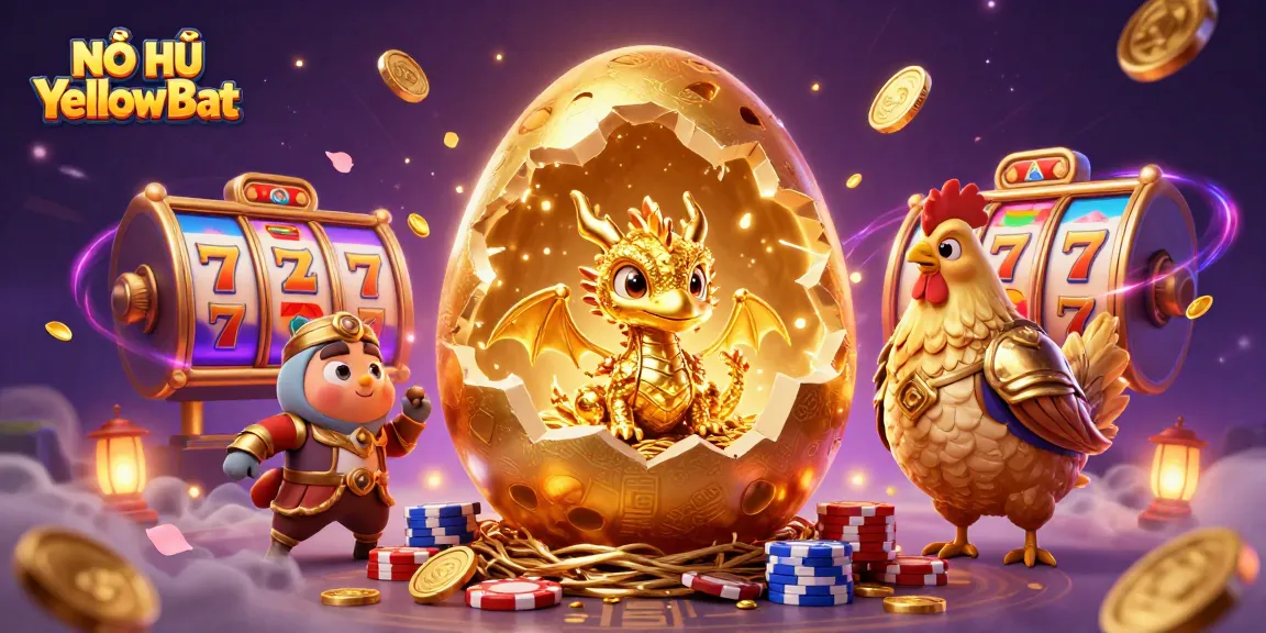 Experience thrilling NỔ HŨ YellowBat action with a golden dragon and slot games in a vibrant scene.