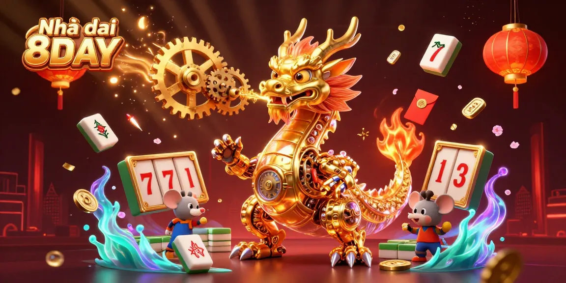 Experience the excitement of Nhà cái 8DAY with a vibrant 3D casino illustration showcasing golden dragons and immersive game elements.