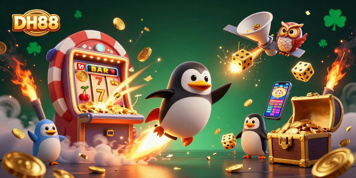 Experience thrilling wins at DH88 with a vibrant 3D illustration capturing the excitement of a golden penguin and casino elements.