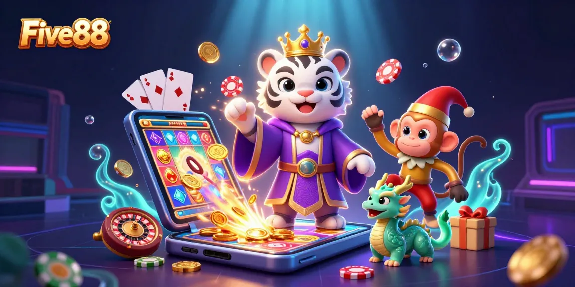 Experience the magic of Five88: A captivating illustration of a royal tiger and playful monkey amidst casino riches.