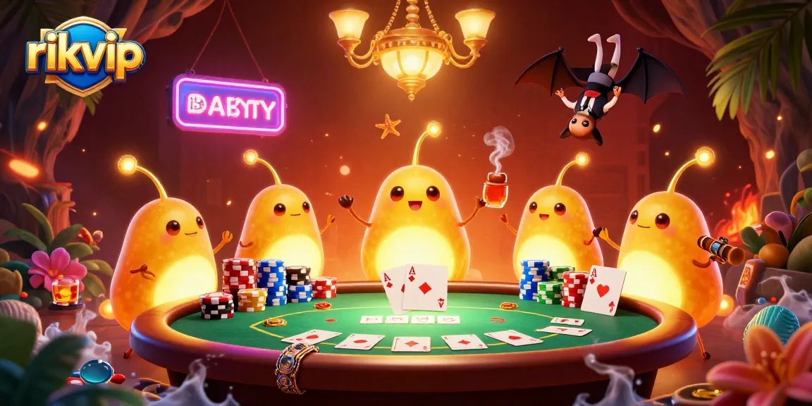 Experience the excitement of rikvip with vibrant glowworms lighting a cave casino in a dynamic poker scene.