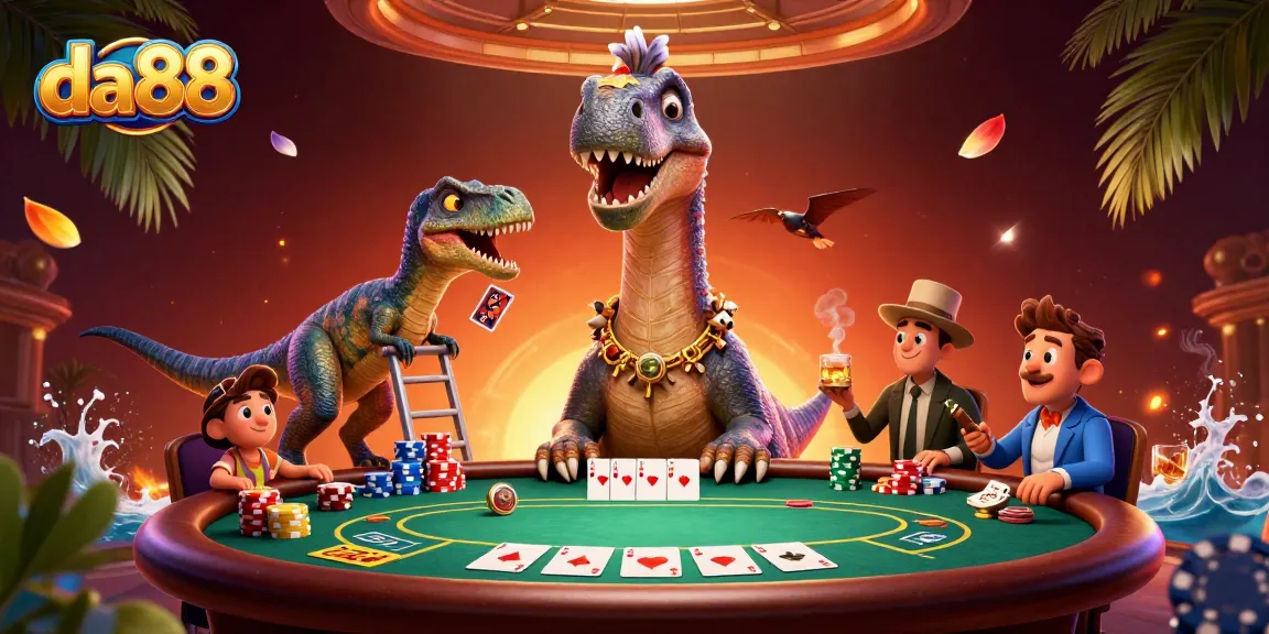 Engage with da88 at a vibrant casino scene featuring a brontosaurus and clever raptor managing a poker game.