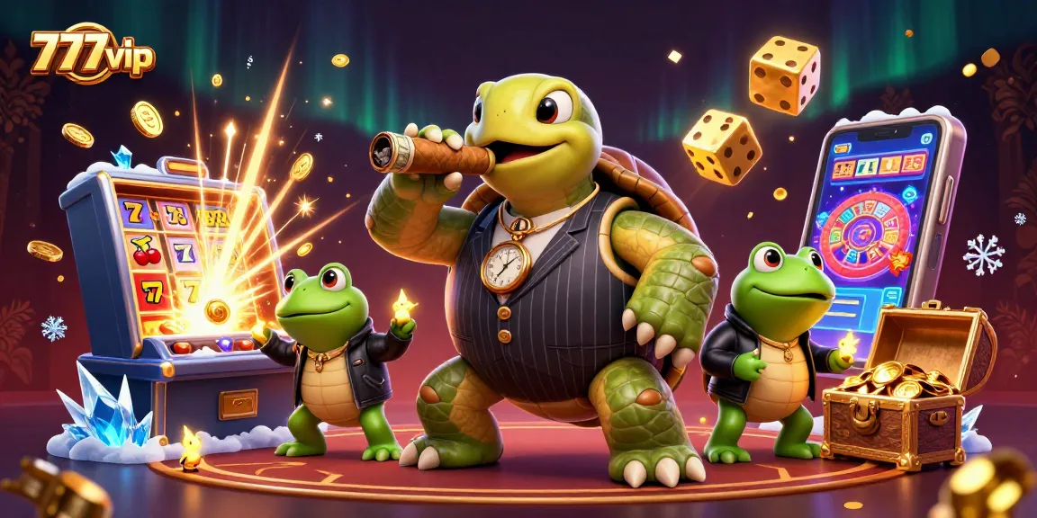 Experience the excitement of 777vip's slots with a vibrant illustration of a casino scene featuring a snapping turtle and bullfrog enforcers.