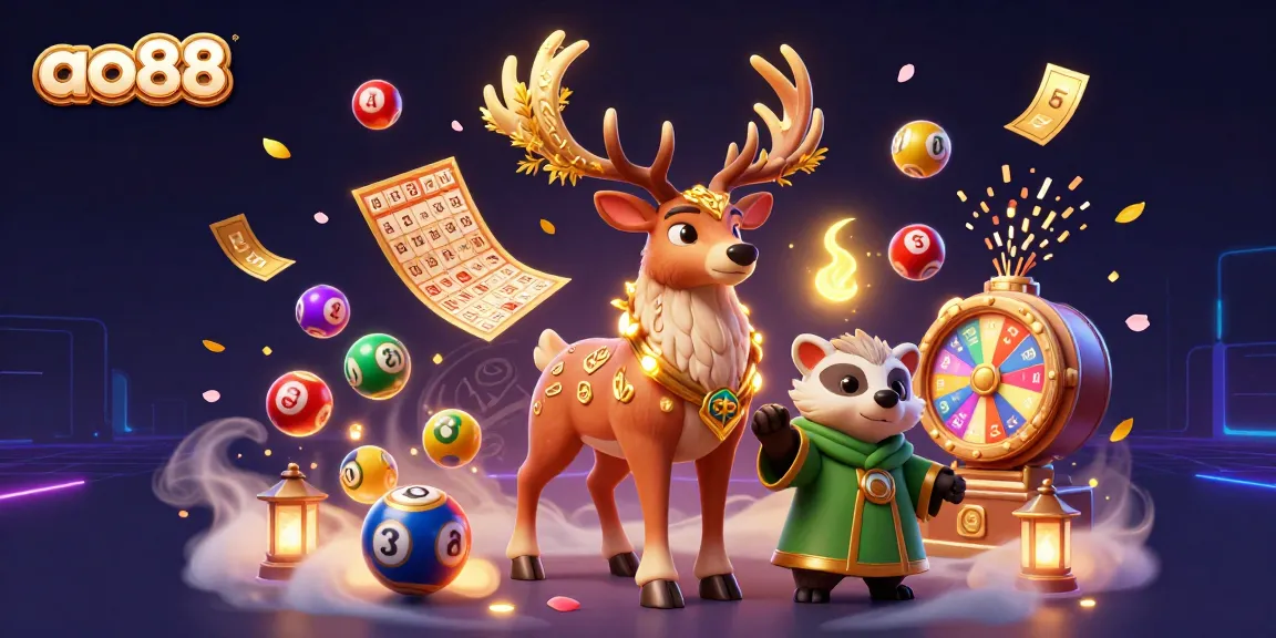 Engage in the excitement of ao88 with a vibrant fantasy scene featuring a Celtic stag and badger amidst colorful casino elements.