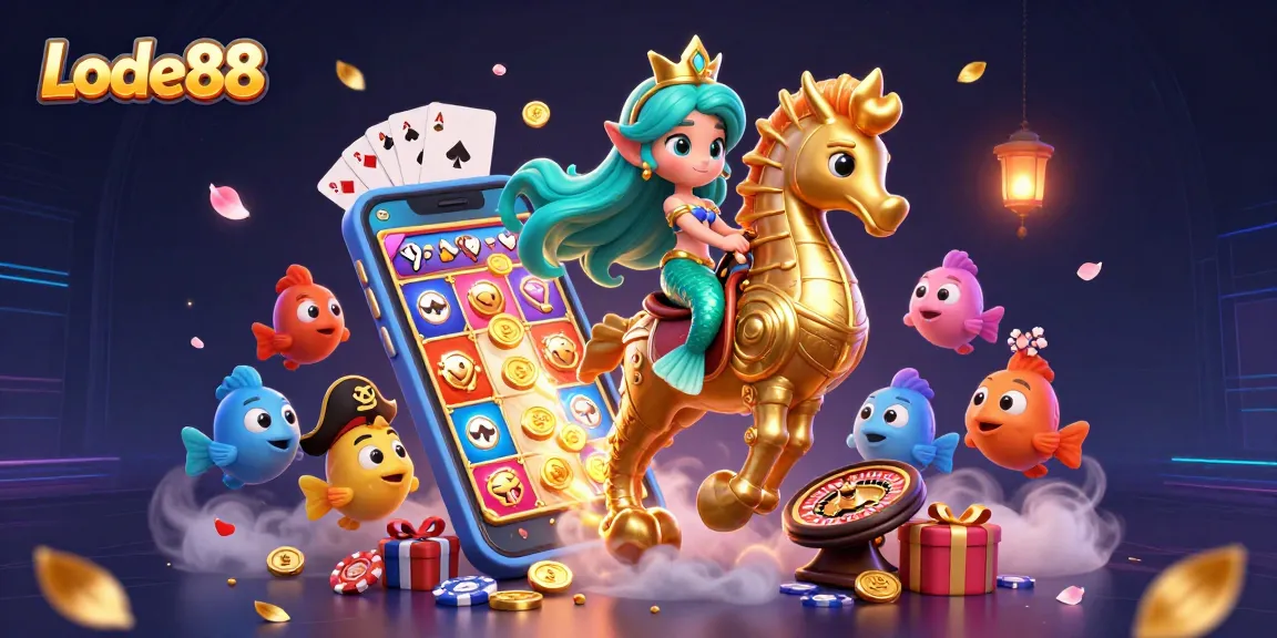 Lode88 mermaid princess and giant seahorse celebrating big wins with vibrant casino themes and dynamic gaming elements.