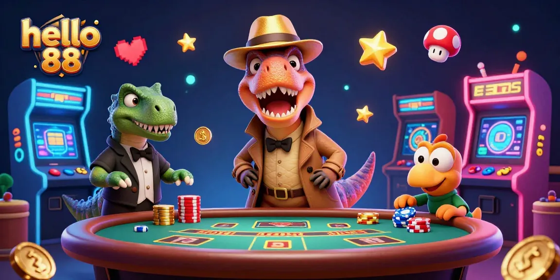 Play exciting games at hello 88 while a velociraptor sneaks chips at the blackjack table.