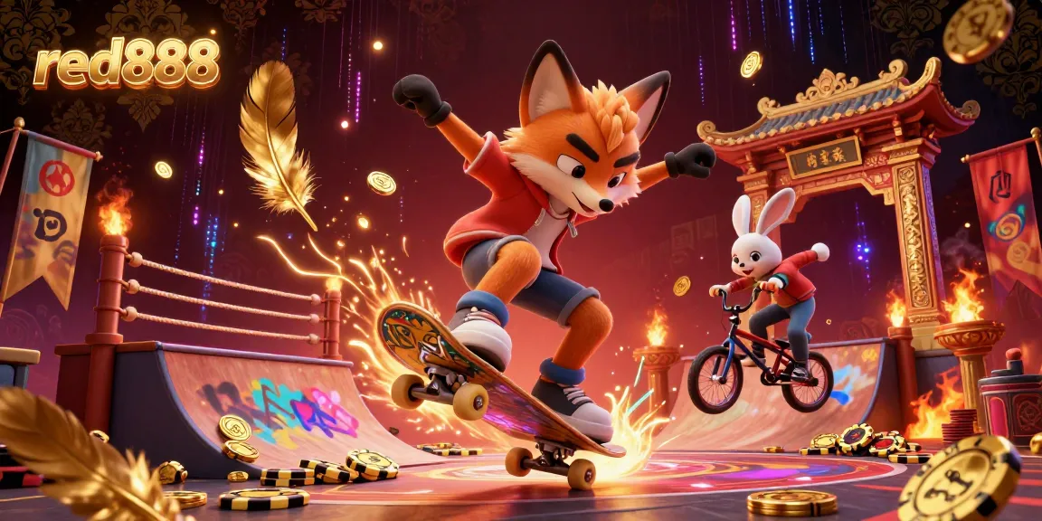 Experience thrilling action on red888 as a fox performs tricks over golden poker chips in a vibrant casino scene.