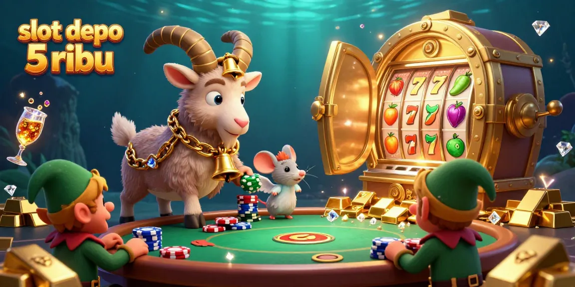 Engaging scene of playful Krampus goat at a slot machine with playful characters in a rich casino setting for slot depo 5 ribu.