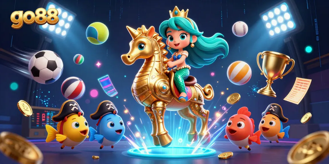 Engage with go88 as a vibrant mermaid princess and giant seahorse dive into the casino adventure.