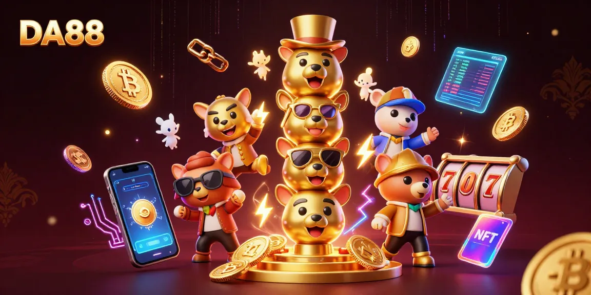 Spin the reels with DA88 at this vibrant casino scene featuring animated characters and crypto elements.