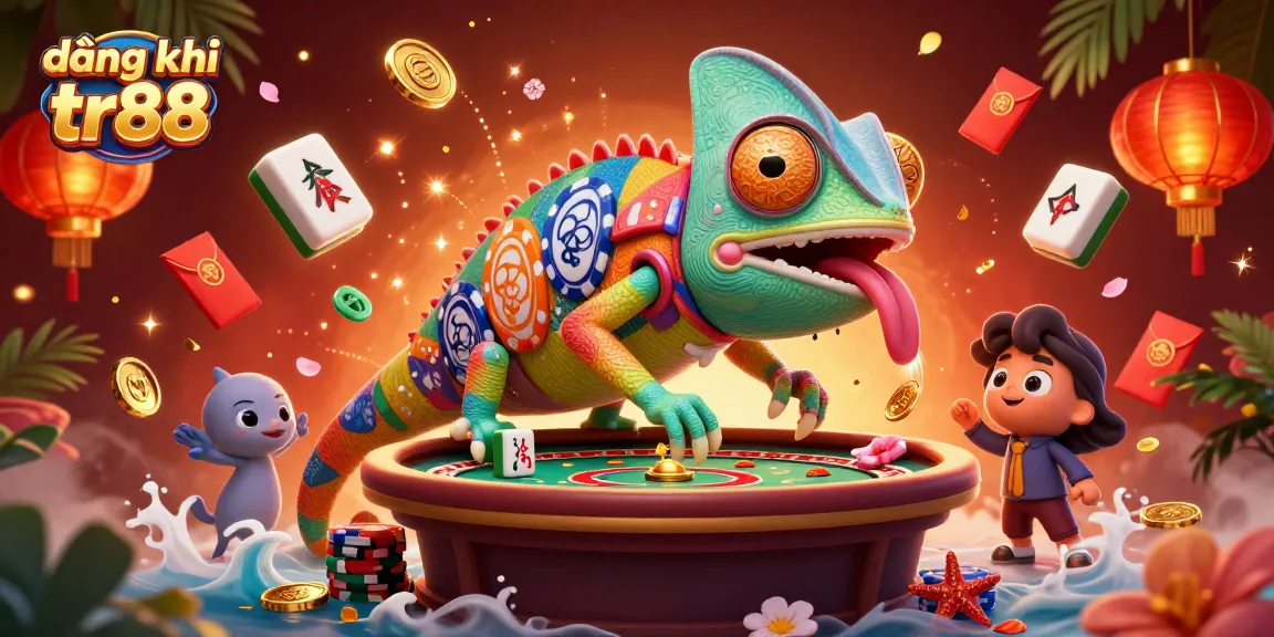 Engage in exciting moments with đăng ký tr88, a colorful casino scene featuring a chameleon owner and vibrant game elements.