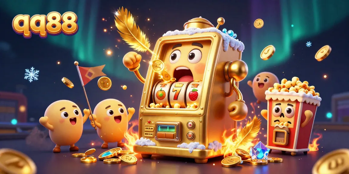 Engage in thrilling gameplay at qq88 as a cartoon slot machine hits the jackpot amidst an exciting casino atmosphere.