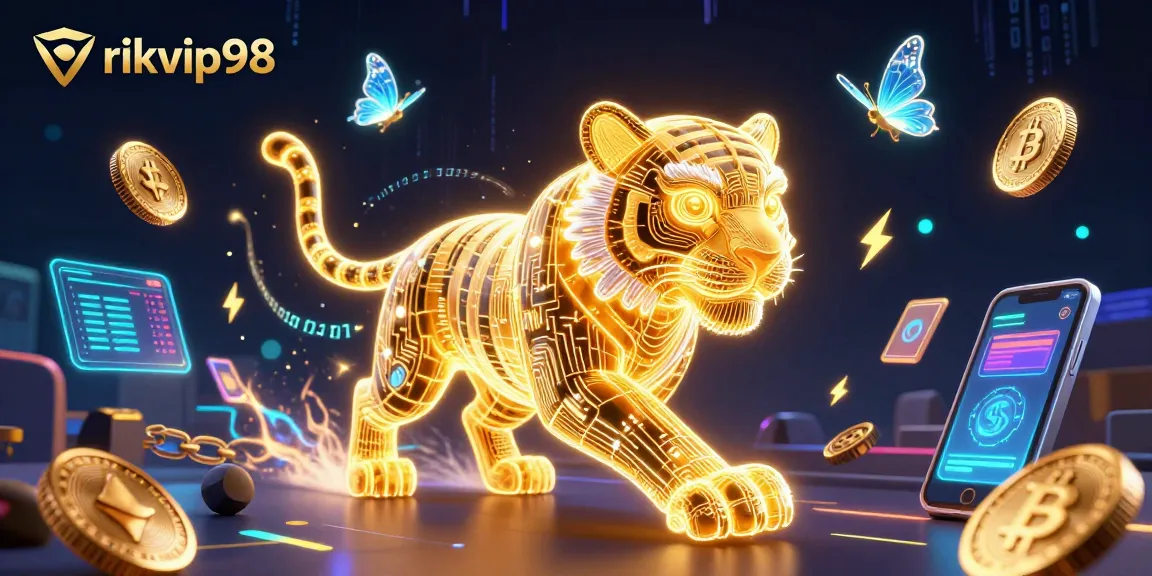 Engage with rikvip98 in a vibrant digital casino scene featuring a golden tiger and holographic elements.