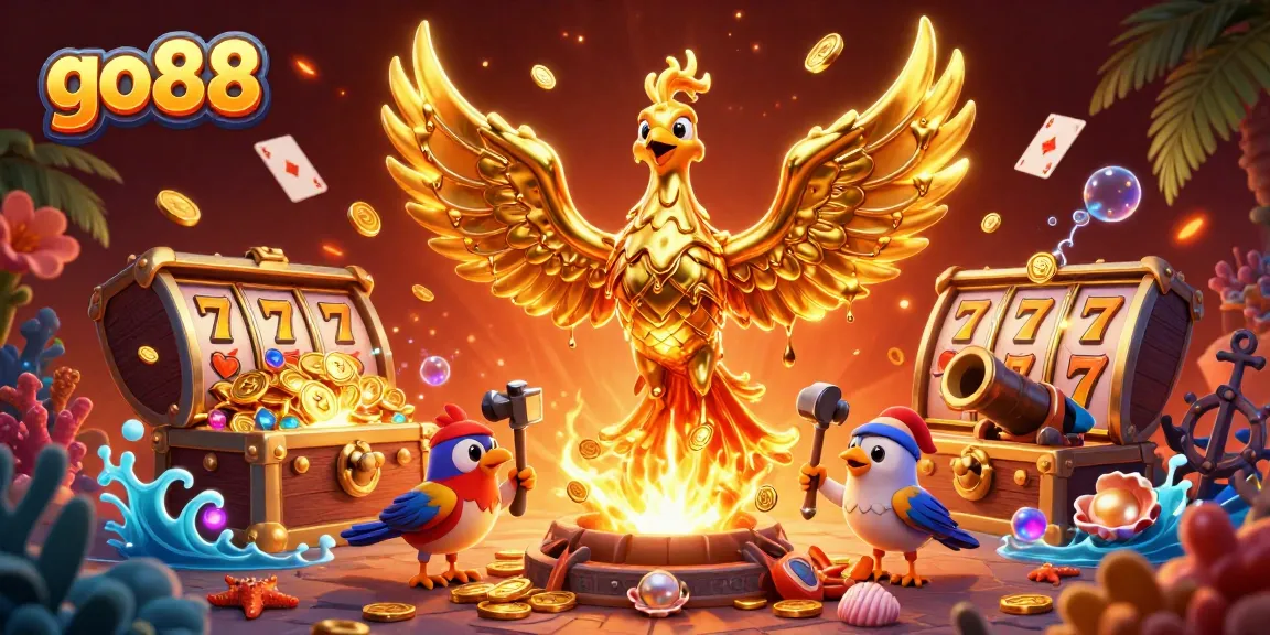 Enjoy exhilarating wins at go88 with a vibrant cartoon phoenix and immersive casino game elements.