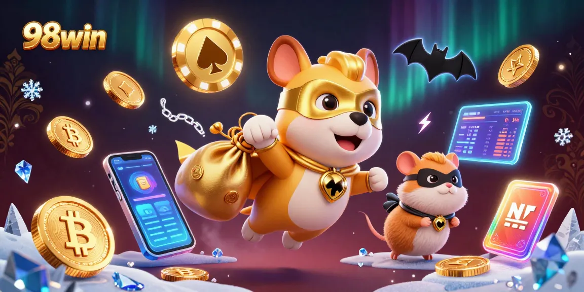 Win big at 98win with our superhero dog and hamster in a vibrant 3D casino adventure.