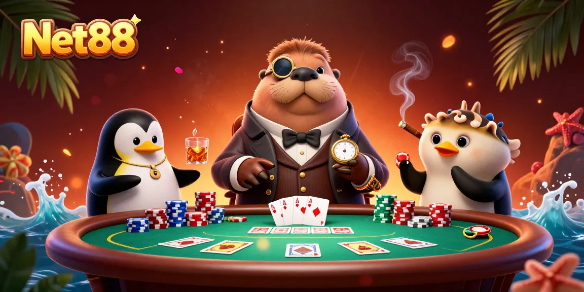 Engage with Net88's vibrant underwater poker scene featuring a walrus and unique card dynamics.