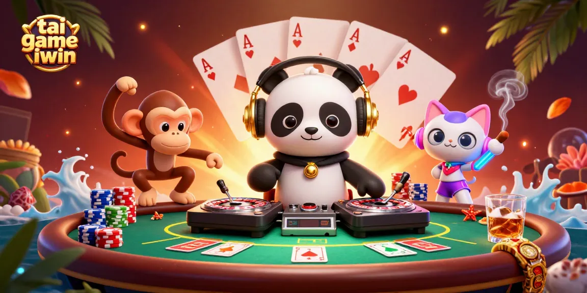 Tai game iwin showcases a festive scene with characters enjoying a vibrant casino setup.