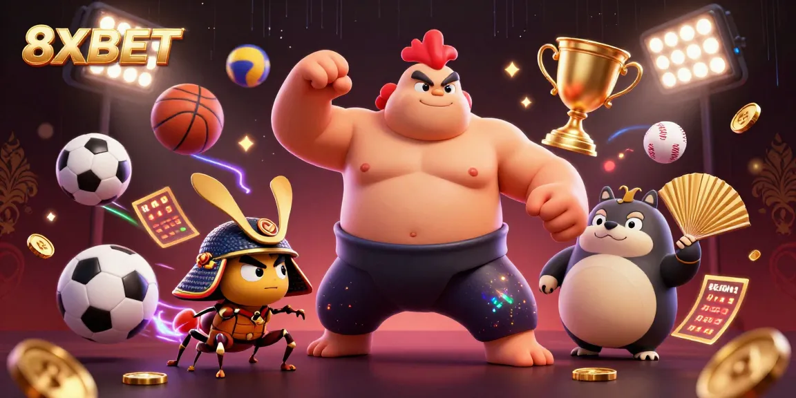 Join the excitement of 8XBET with an epic cosmic battle featuring a mighty sumo rooster, fierce samurai cricket, and energetic tanuki announcer.