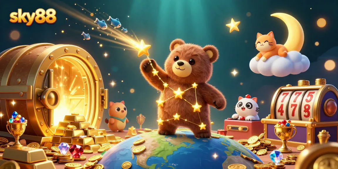 Engage with sky88's thrilling casino world, featuring a cartoon constellation bear scooping coins amidst vibrant slot action.