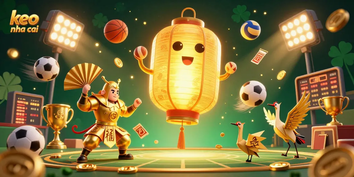 Experience keo nha cai action with golden lantern spirits and dynamic sports betting elements in a vibrant scene.