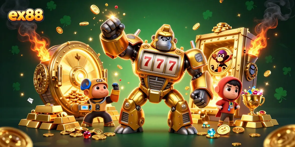 Win big with ex88 in an ultra-detailed 3D illustration of a golden gorilla mech and casino riches.
