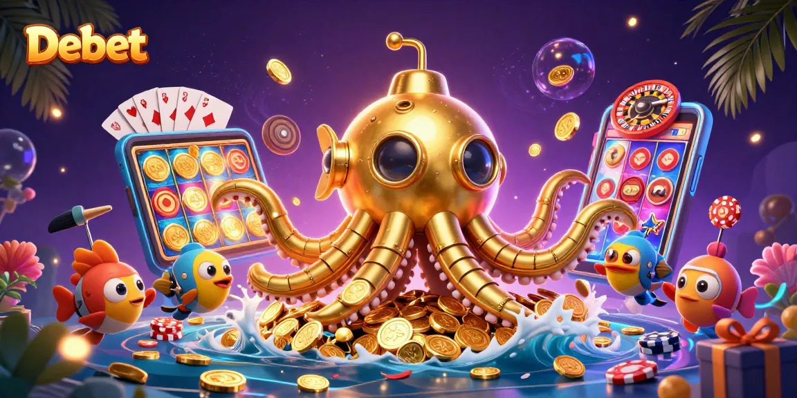 Debet's thrilling underwater casino with a golden kraken submarine and vibrant slot game elements.