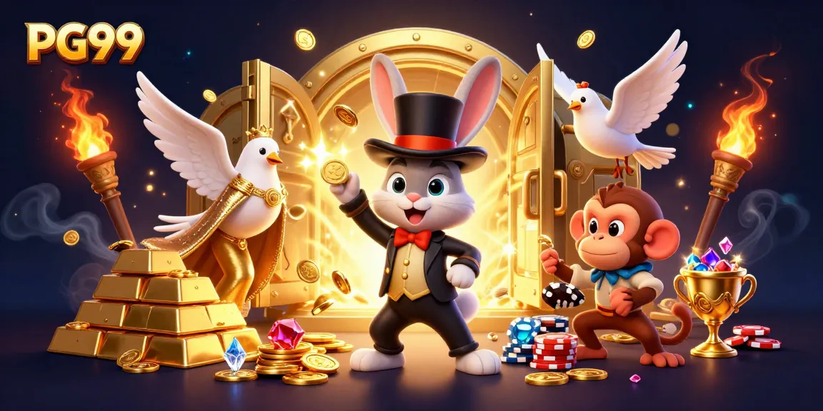 Catch exciting wins at PG99 with a magician rabbit, dove, and monkey in a vibrant casino scene.