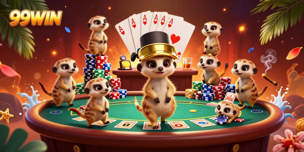 Watch meerkats operate a vibrant casino scene at 99WIN, featuring poker tables and colorful chips.