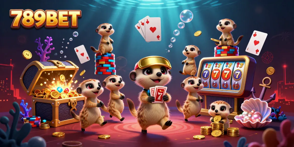 Experience the excitement at 789BET with a vibrant casino scene featuring playful meerkats managing games.