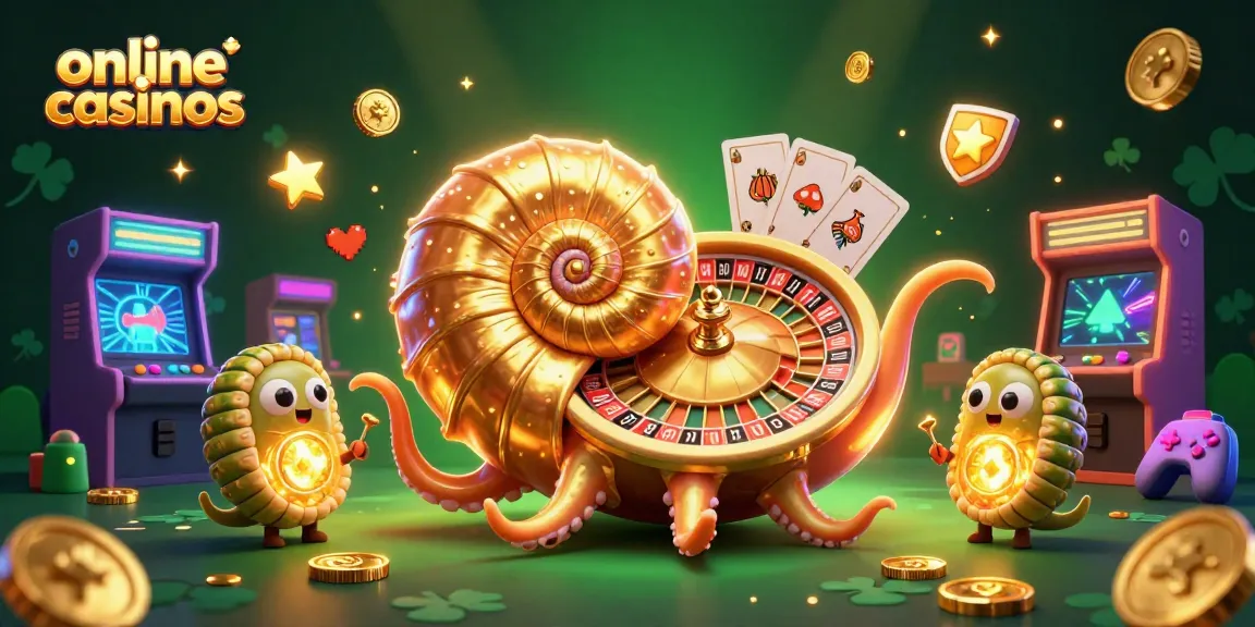Experience online casinos through a vibrant 3D illustration of a nautilus and gaming elements.