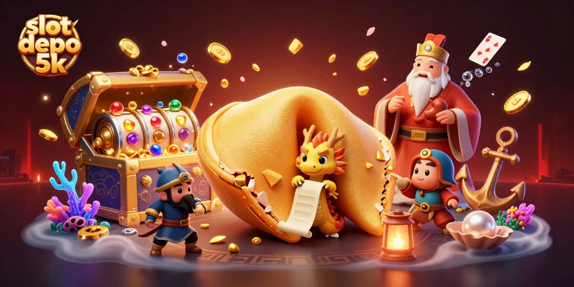 Engage with slot depo 5k through dynamic gaming scenes featuring golden fortune cookie and dragon in vibrant casino art.
