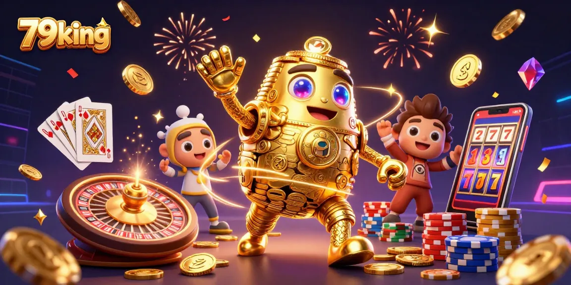 Experience the excitement of 79king with a stunning golden golem surrounded by vibrant casino elements.