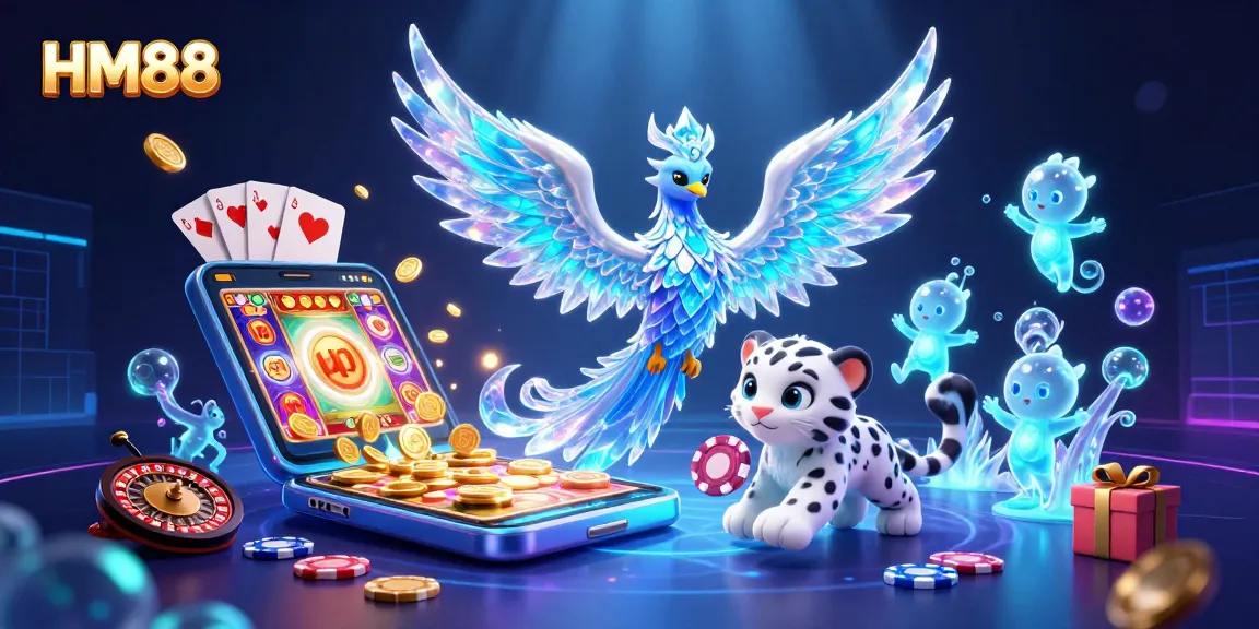 Experience thrilling gaming action with HM88's vibrant and engaging casino scene including slots and poker elements.