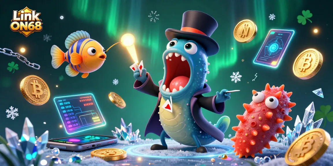 Link ON68 features a deep-sea gulper eel magician performing card tricks in a vibrant underwater casino scene.