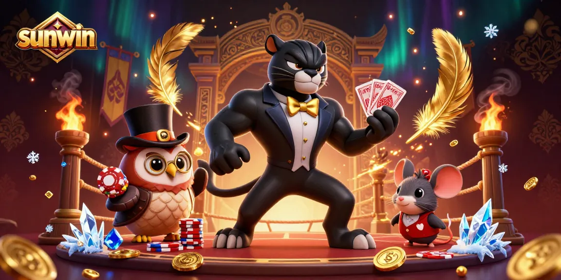 Experience thrilling gameplay with sunwin as a stylish panther deals cards amidst gold coins and lucky characters.